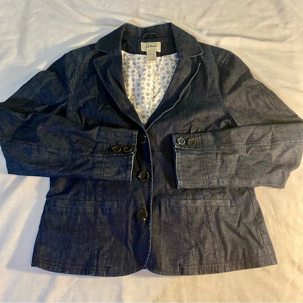 LL Bean Fitted Blazer Jacket Women’s 10 Reg Dark Wash Denim Lined